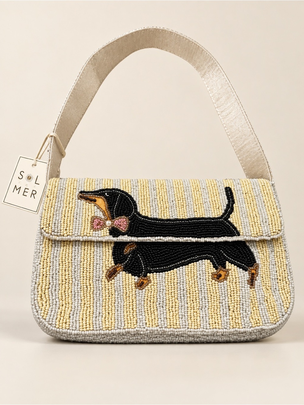 SOL MER Beaded Dachshund Dog Shoulder Bag Cream Yellow